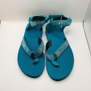 Teal Turquoise Strappy Sandals with Patterned Ankle Straps